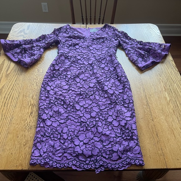 Lela Rose Women's Corded Lace Flounce Sleeve Dress Size 12 Lavender - Picture 3 of 14